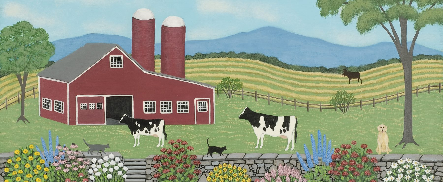 Folk art painting of a red Vermont barn with two silos, black and white cows grazing in a green pasture, a stone wall lined with flowers, and mountains in the distance.